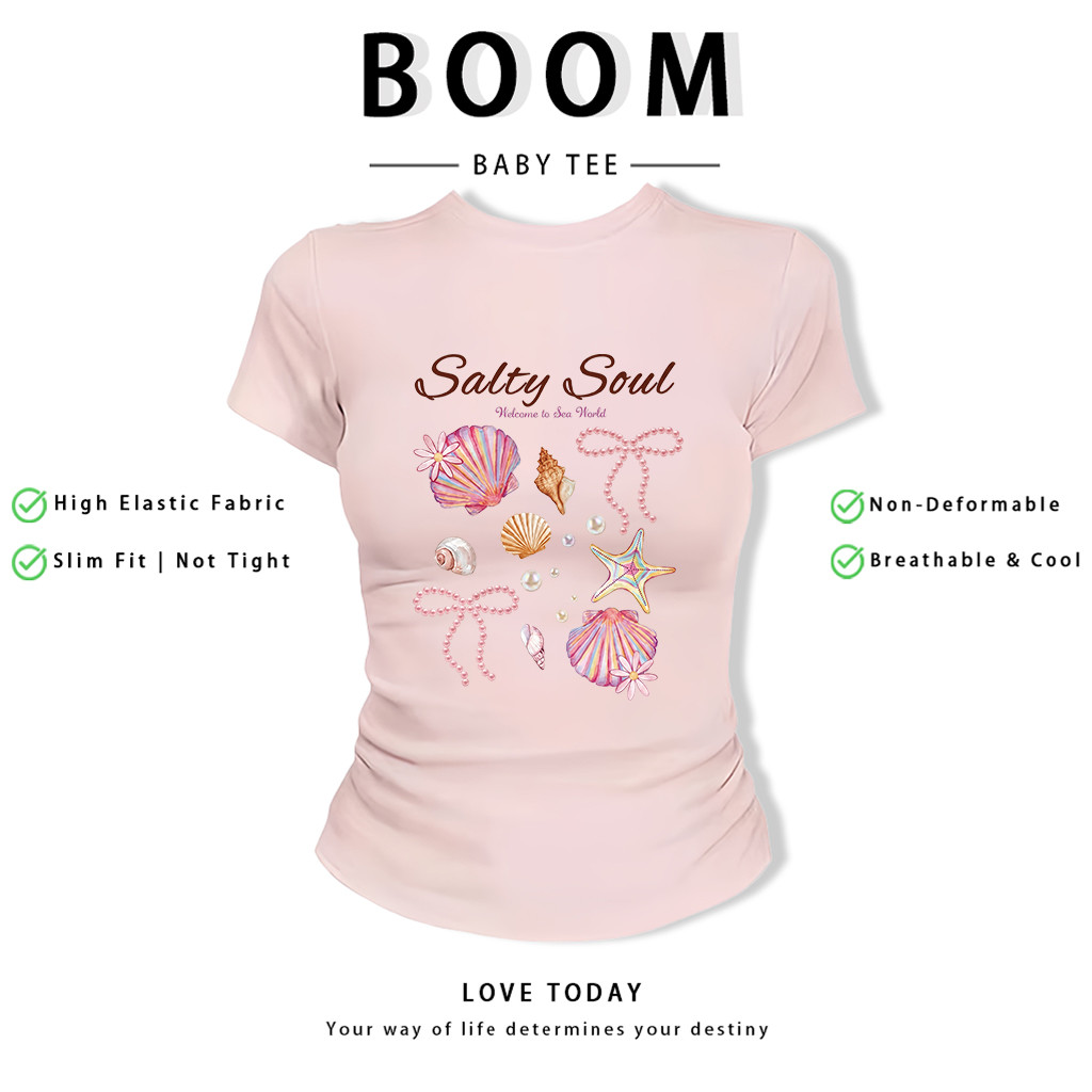BOOM Áo Baby Tee Nữ Cotton Ôm Body-Áo Thun Ngắn Tay Y2K In Hình PhongCách Mùa Hè, Cổ Tròn Hàng Đầucách hàn quốc phong657