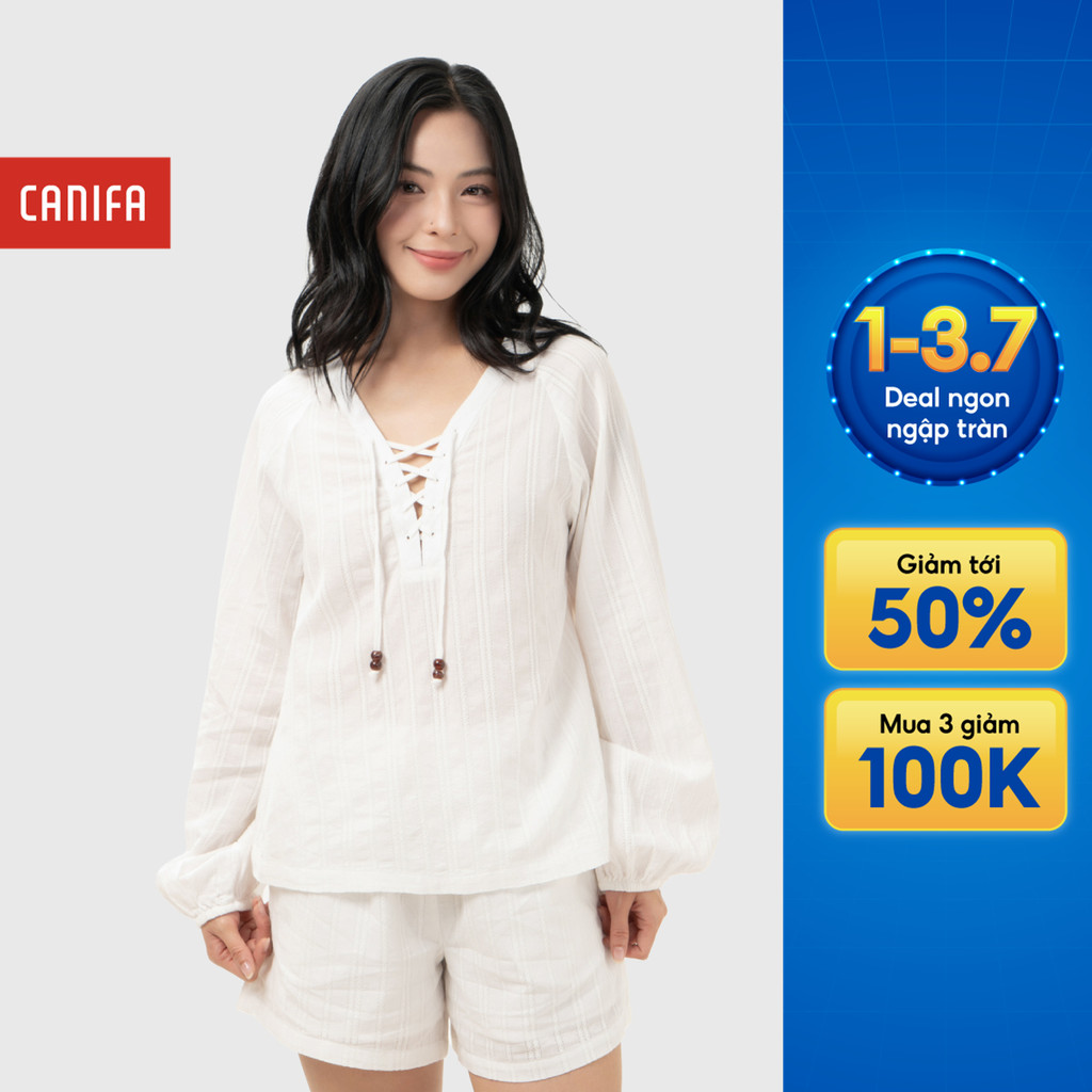 Áo kiểu nữ CANIFA tay bồng dài họa tiết đan dây chất liệu mềm thoáng khí 6TO26S003