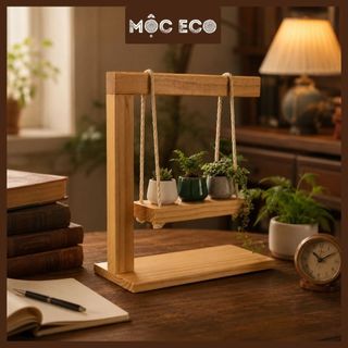 Kệ gỗ thông treo dây thừng để bàn trang trí bàn làm việc, quán cafe, phòng ngủ, góc học tập homestay