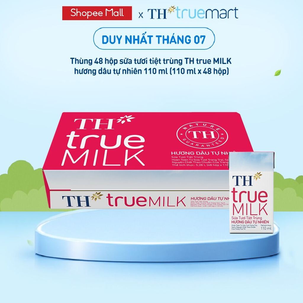 [LIVE STREAM] Thùng 48 hộp sữa tươi tiệt trùng TH true MILK hương dâu tự nhiên 110 ml (110 ml x 48)
