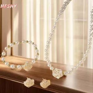 HFSHY 3 Chiếc Camellia Nữ Đảng Nelace Vòng Tay Và Bông Tai Bộ Trang Sức Cô Dâu Thanh Lịch Quà Tặng VN