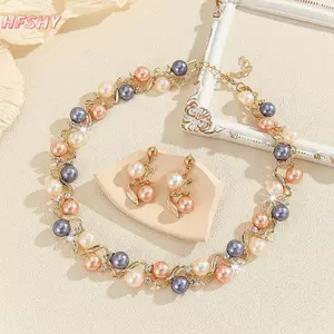 HFSHY Tinh Tế Ngọc Trai Thanh Lịch Nelace Lá Kim Cương Giả Nhiều Màu Sắc Ngọc Trai Nelace Nữ Trang Sức Kim Loại Nelace Bông Tai Bộ Đảng VN