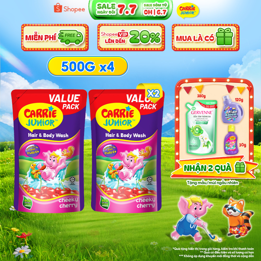 Combo 4 Túi Sữa Tắm Gội thiên nhiên Sạch Dịu Nhẹ & ẩm mịn Cho Bé Carrie Junior hương Cheeky Cherry (500g x 4)