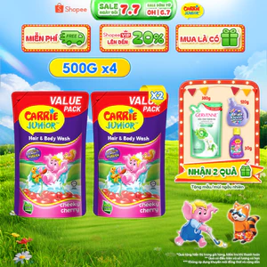 Combo 4 Túi Sữa Tắm Gội thiên nhiên Sạch Dịu Nhẹ & ẩm mịn Cho Bé Carrie Junior hương Cheeky Cherry (500g x 4)