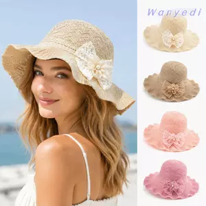 WANYEDI Mũ Rơm Vành Rộng, Mũ Ren Hoa Ruffle Có Thể Điều Chỉnh, Viền Ruffle Ngọt Ngào Dệt Rỗng Có Thể Gập Lại Floppy Bucket Hat Dành Cho Nữ Bé Gái