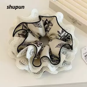 SHUPUN Băng đô ruột lớn, Satin có băng đô ren cạnh rộng, Phụ kiện tóc hoa in mực thời trang dành cho nữ