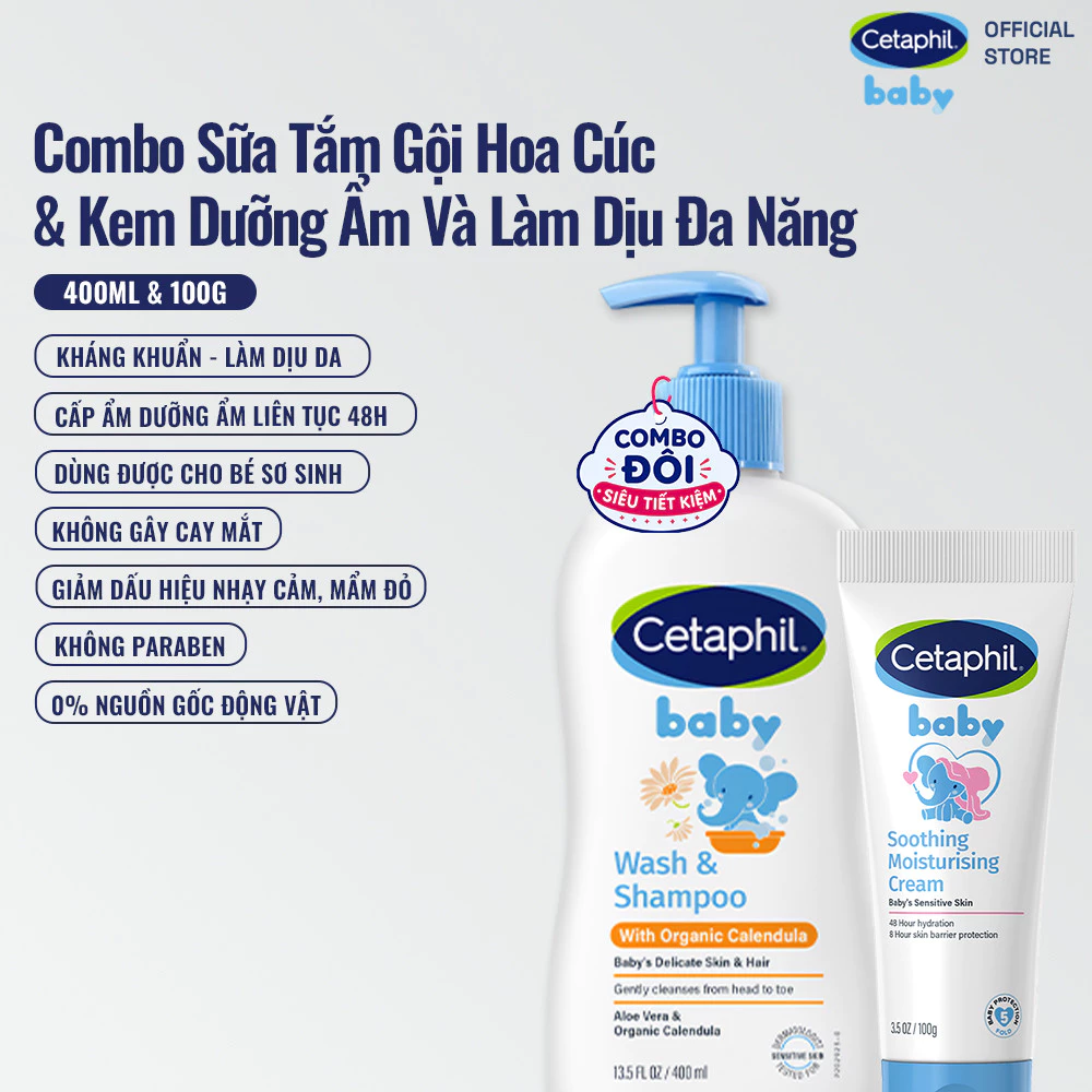 Combo Cetaphil Baby sữa tắm gội 400ML và kem dưỡng ẩm 100G