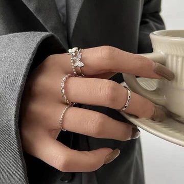 nhẫn bạc 925 nhẫn bạc nữ Bạc 925 Phong Cách Mới Lớn Nhỏ Bướm Bốn Mảnh Bộ Nhẫn ins Phong Cách Thoáng Mát Nhẫn Nữ Niche Thiết Kế Thoáng Mát Hợp Thời Trang Phụ Kiện