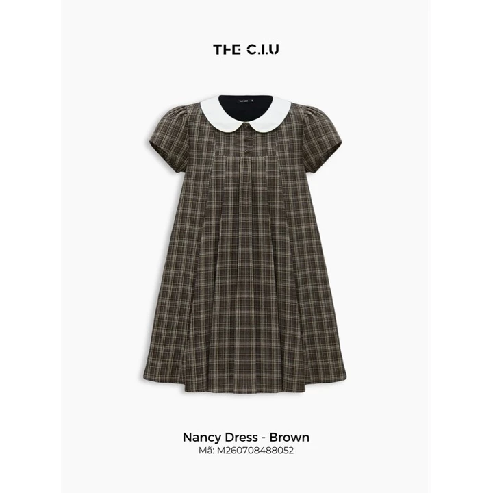 Đầm babydoll caro cổ sen THE C.I.U, đầm cotton sọc kẻ tay phồng xếp ly - Nancy Dress