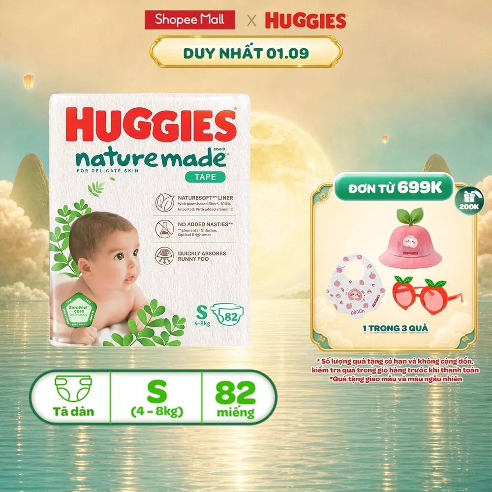 Tã/Bỉm dán sơ sinh Huggies NatureMade NB60 (dưới 5kg)/S82(4-8kg) /M64(6-11kg)/L54/XL44