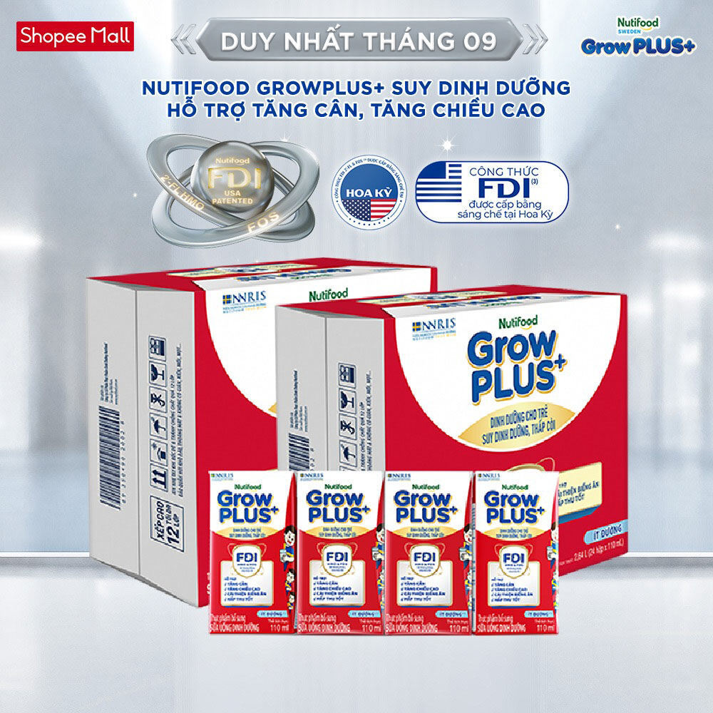 Thùng SBPS Nutifood GrowPLUS+ ít đường Suy Dinh Dưỡng - Tăng Cân, Tăng Chiều Cao (48 Hộp x 110ml) (Bao bì tùy lô hàng)