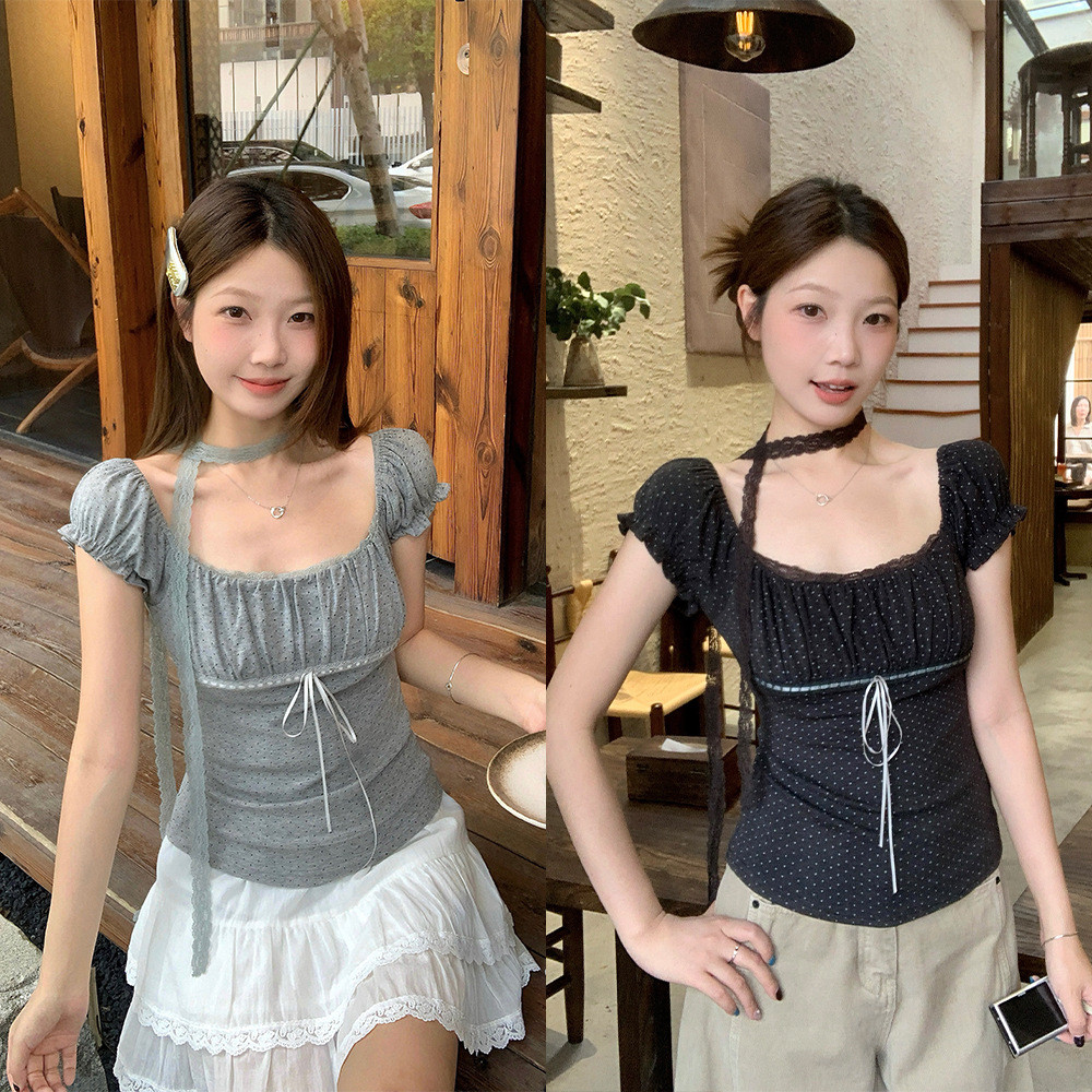Mùa hè Phong Cách Mới Chấm Bi Áo Thun Tay Phồng Ngọt Cay Mặc Ôm Hơn Nhìn Top