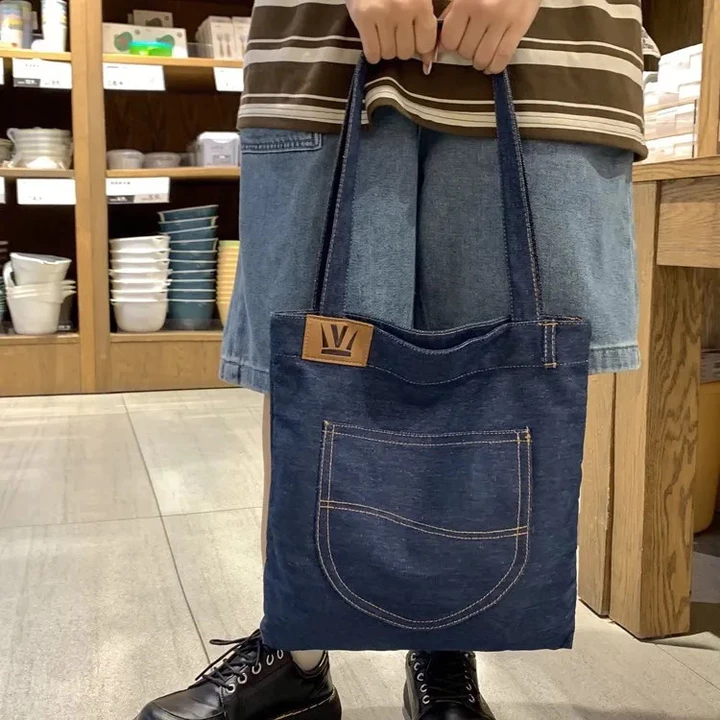 túi tote da túi xách kẹp nách Túi vải denim mùa hè, túi đeo chéo xách tay một bên cùng kiểu dáng cho nam và nữ có dung tích lớn, túi đi lại đi làm mua sắm hàng  – 4
