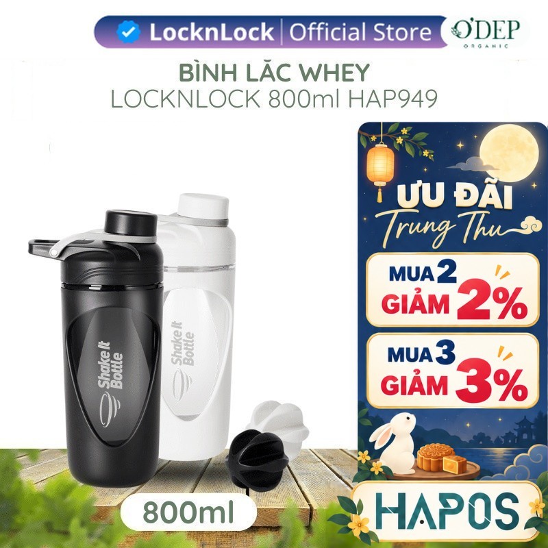 Bình lắc LocknLock shaker whey 800ml Chính hãng, tập thể thao gym Balance HAP949 có vạch chia quai xách - Hapos Mall
