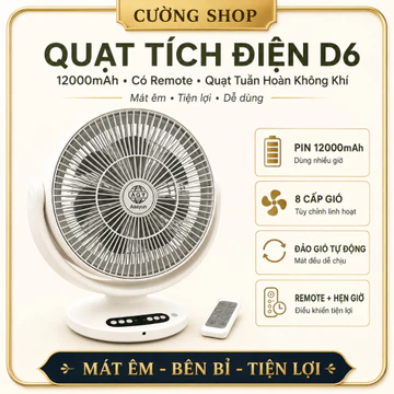 Quạt Tích Điện D6 12000mAh Có Remote, Quạt Tuần Hoàn Không Khí, Đảo Gió Tự Động, 8 Cấp Gió, Hẹn Giờ