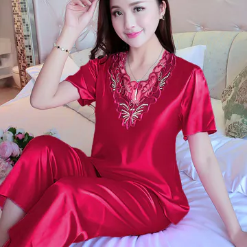 bộ ngủ dài tay nữ set đồ ngủ dài Bộ đồ ngủ nữ đồ ngủ lụa băng xuân thu bộ đồ mặc nhà bộ hai chiếc dài tay mùa hè đồ ngủ nữ lụa băng tay ngắn