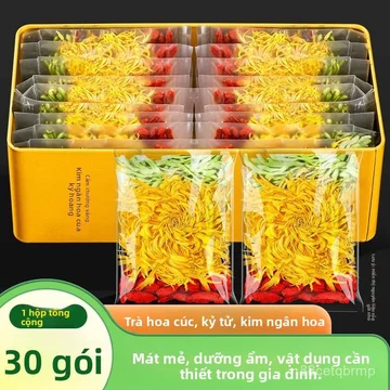 Trà hoa cúc kim ty, kim ngân hoa, kỷ tử combo 30 gói 75g, hoa lớn gói độc lập, trà thảo mộc thanh nhiệt, bán chạy giao n