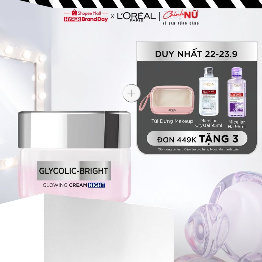 Kem dưỡng ban đêm dưỡng sáng mịn & mờ thâm nám L'Oreal Paris Glycolic (AHA) Bright [Glycolic+ Niacinamide] + 50ml