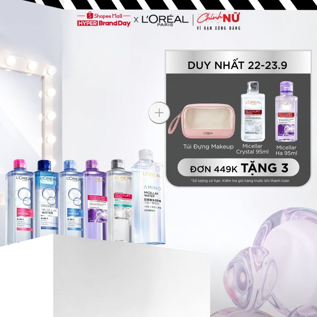 [AMINO MICELLAR MỚI] Nước tẩy trang làm sạch sâu, loại bỏ bụi bẩn & trang điểm 3-in-1 L'Oreal Paris Micellar Water 400ml