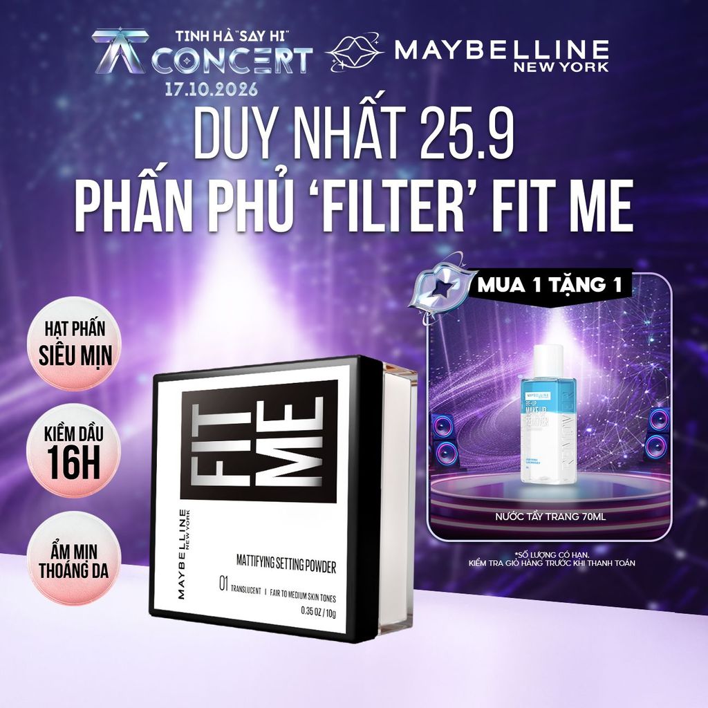 Phấn phủ bột "filter" cà da, kiềm dầu, chống nước, lâu trôi 16H Fit Me Mattifying Setting Powder Maybelline New York 10g