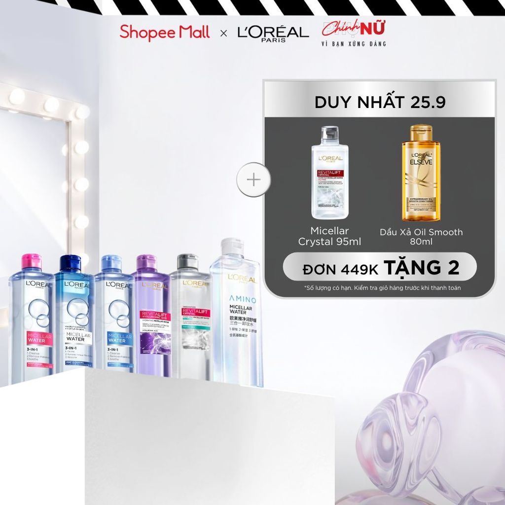 [AMINO MICELLAR MỚI] Nước tẩy trang làm sạch sâu, loại bỏ bụi bẩn & trang điểm 3-in-1 L'Oreal Paris Micellar Water 400ml
