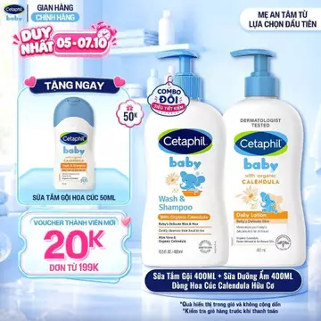 Combo Sữa tắm gội + Sữa dưỡng ẩm dịu lành cho bé Cetaphil Baby với Calendula hoa cúc hữu cơ 400ml/chai