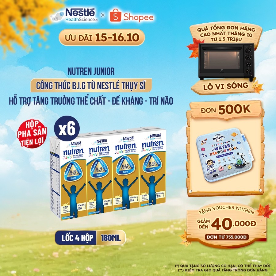 Bộ 6 Lốc 4 Hộp Sữa Pha Sẵn NESTLÉ NUTREN JUNIOR Thụy Sĩ Công Thức BIG Tăng Trưởng 180ML