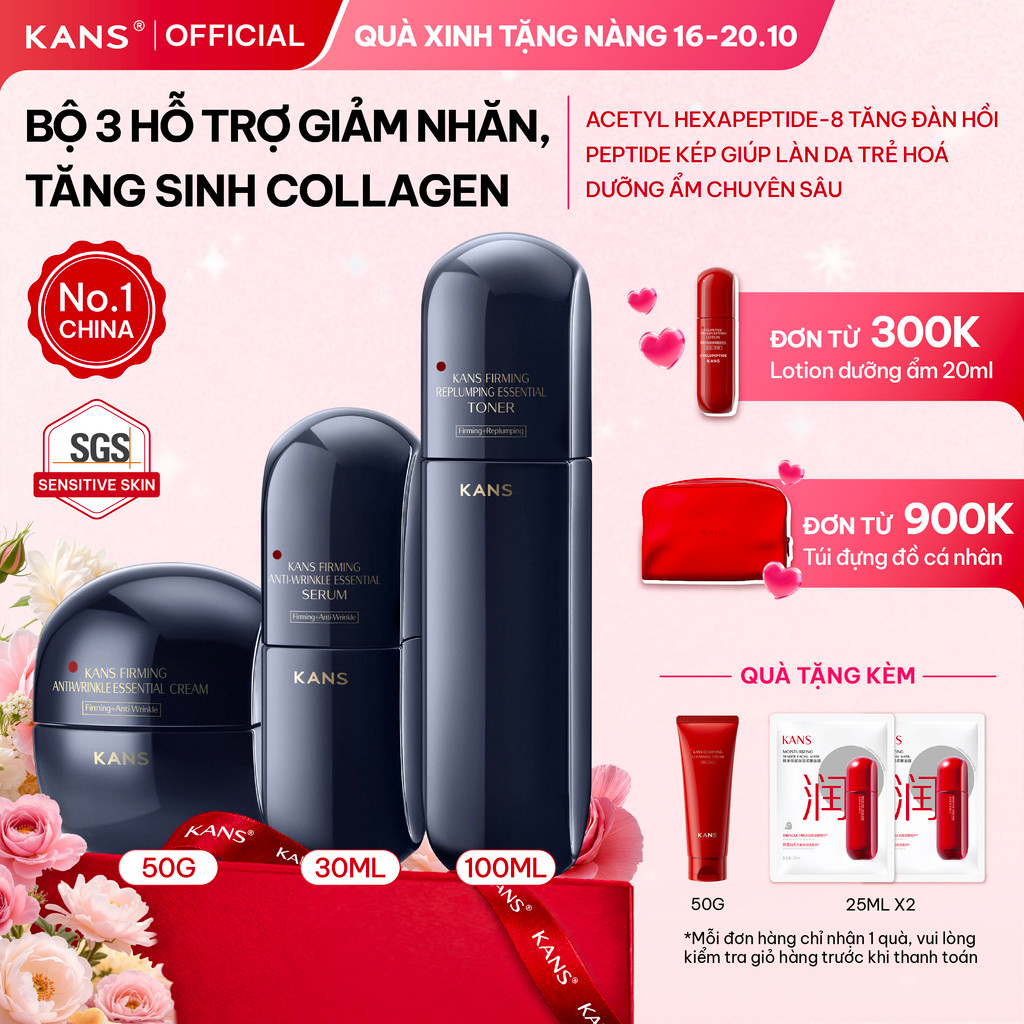 KANS Combo 3 Món Cấp Ẩm Sâu, Chống Lão Hóa Toner - Lotion - Serum 100mlx2+30ml Săn Chắc, Tăng Độ Đàn Hồi, Tăng Collagen