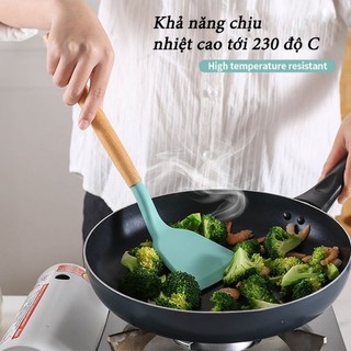 Bộ Dụng Cụ Nấu Ăn Bằng Silicone Cán Gỗ Kitchen Set Cao Cấp - Chất Liệu Tuyệt Đối - Chịu Nhiệt Chống Dính