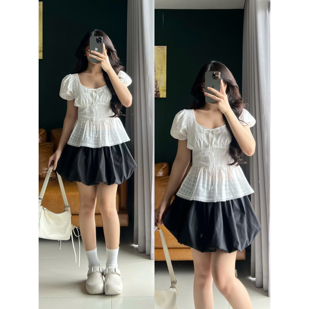 Áo Babydoll Thắt Eo, Smock Lưng Ôm Dáng Cực Xinh Màu Xanh Kiểu Cổ Vuông Hàn Quốc_A649