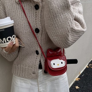 Túi đeo chéo mèo Kitty hình quả táo dễ thương dành cho nữ Ví da Mini nơ bướm