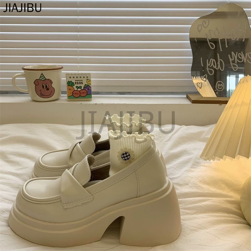 Size 35-43 Giày Lười Mũi Tròn Chống Trượt Chất Lượng Cao Cỡ Lớn Phong Cách Anh Dành Cho Nữ 42 Korean Fashion Beige / Black Platform Mary Jane Small Leather Shoes 41 Giày Cao Gót Dày JK Lolita Nhật Bản Đi Học