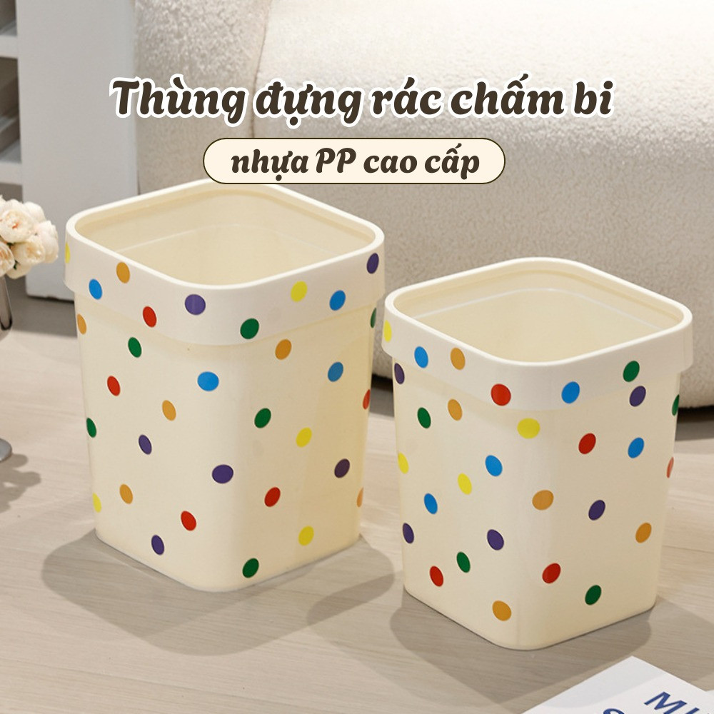Thùng Rác Chấm Bi 12L/14L Thiết Kế Vuông Tiện Lợi DINO, Chất Liệu Nhựa PP Bền Chắc Decor Phòng Khách