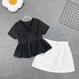 Set Áo váy Bigsize Nữ Gồm Áo Kiểu Peplum Cổ Tim Viền Bèo Kèm Chân Váy Kaki A315+CV11