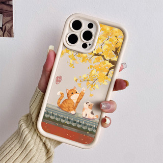 Ốp điện thoại hình mèo dưới cây bạch quả cho iPhone 17 / 16 / 15 Pro Max / 14 / 13 / 12 / 11 / Mini 7 / 8 Plus Xs X Ốp bảo vệ hình thang bằng silicon mềm chống sốc