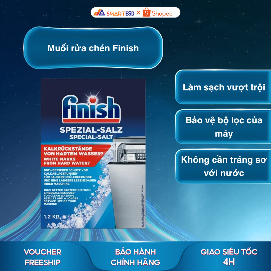 Muối rửa chén Finish - hộp 1,2kg giúp làm mềm và loại bỏ kim loại nặng trong nước - Hàng chính hãng