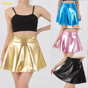 Pealike Nữ PU Sprarkling Co Giãn Eo Một Dòng Xếp Ly Váy Mini Câu Lạc Bộ Đảng Sáng Kim Loại loe Ngắn Trượt Tuyết
