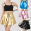 Pealike Nữ PU Sprarkling Co Giãn Eo Một Dòng Xếp Ly Váy Mini Câu Lạc Bộ Đảng Sáng Kim Loại loe Ngắn Trượt Tuyết