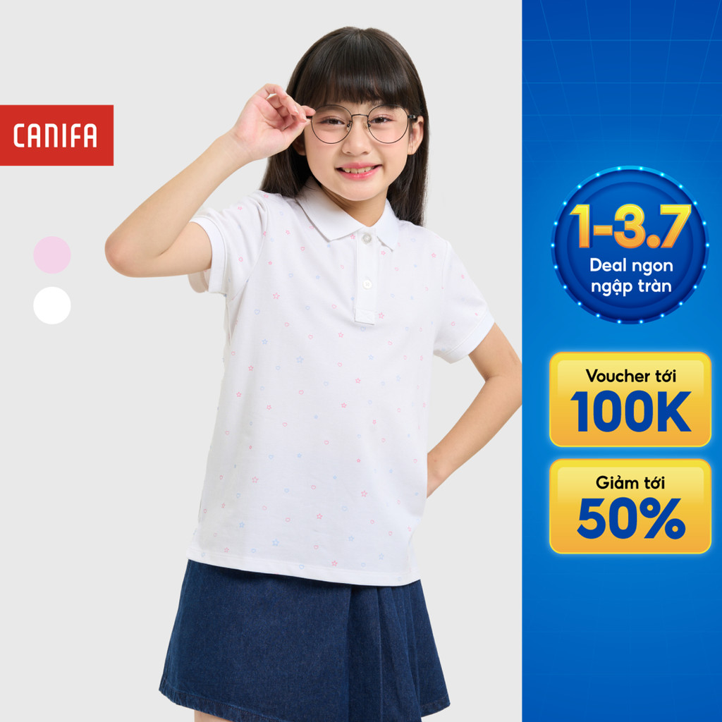 Áo polo bé gái CANIFA cổ bẻ cộc tay in hoạ tiết 1TP25S001