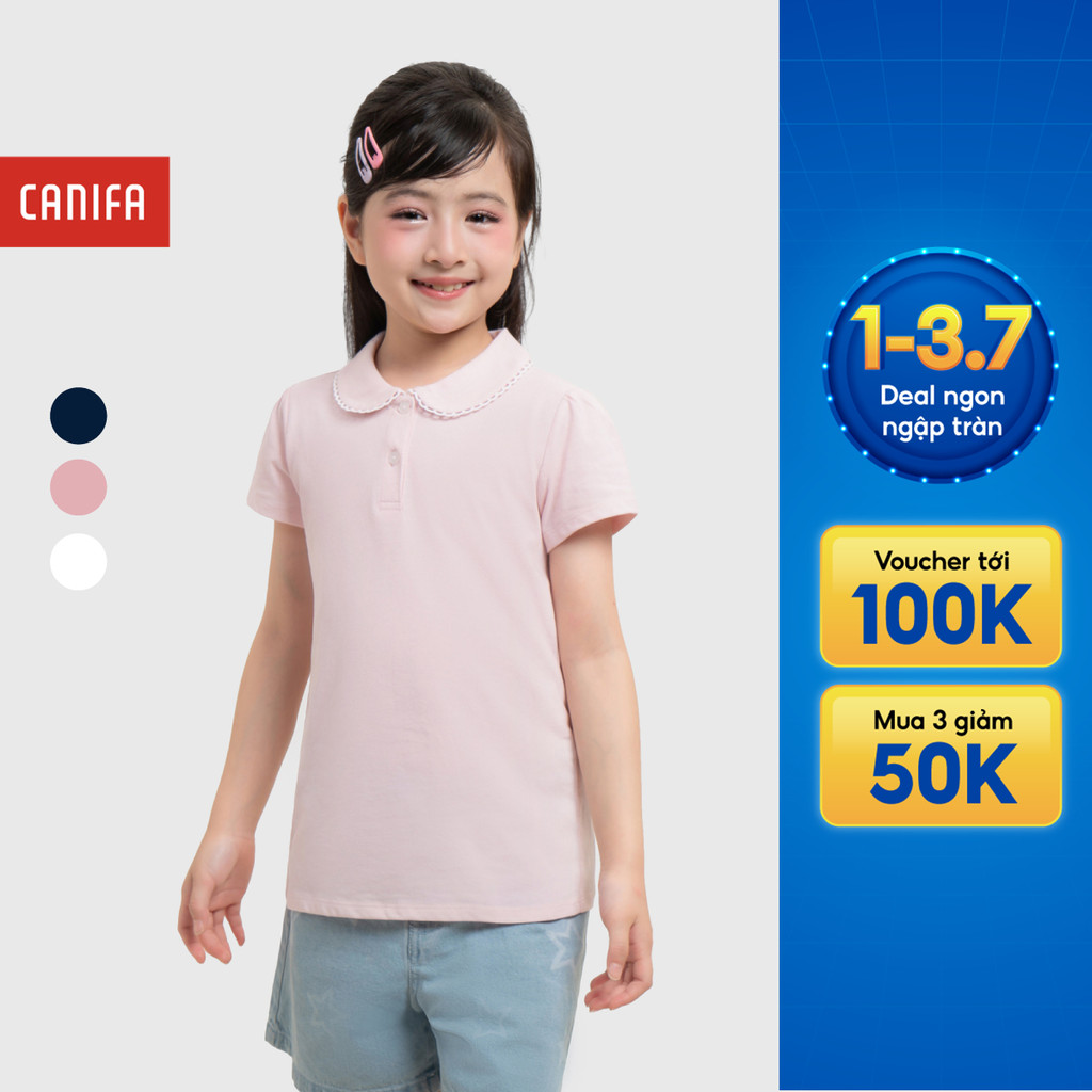 Áo polo bé gái CANIFA chất cotton USA cổ lá cộc tay phối viền PS26 1TP26S001
