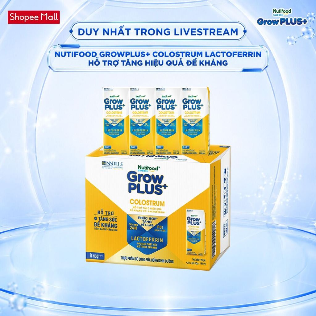 [Livestream KOL] Thùng 24 hộp Sữa bột pha sẵn Nutifood Sweden GrowPLUS+ Colostrum Lactoferrin 180ml