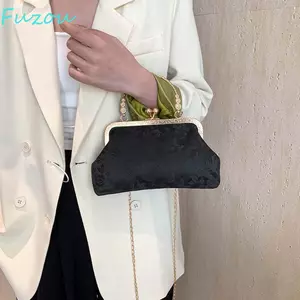 Túi xách phong cách thêu FUJIZOU, Khung khóa in hình sang trọng Túi đeo vai, Ví thường ngày Túi xách Nylon Hanfu Shell dung tích lớn Túi xách đám cưới