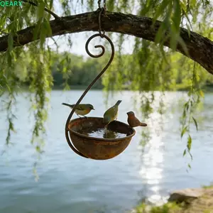 QEARY Treo Chim Bát Ăn, Trạm Cho Chim Bằng Kim Loại Rusty Dung Tích Lớn, Sắt Trang Trí Nghệ Thuật Chống Mưa Chống Rỉ Bát Nước Chim Sân hiên