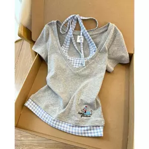 Pure Desire Design Áo thun ngắn tay cổ dây hai mảnh giả dành cho nữ mùa hè Bán chạy Slim-fit Sli