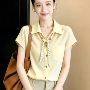 Áo sơ mi ngắn tay cổ lụa siêu đẹp Phong cách mới Phong cách Pháp Tính khí độc đáo Áo đẹp