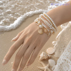 WANYEDI 7 Cái / bộ Vòng Tay Lớp, Vòng Tay Giả Vỏ Biển Xếp Chồng, Thiết Kế Lớp Gạo Đính Hạt Sao Biển Charm Vòng Tay Đi Biển Ngày Lễ