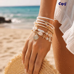 CQCJ 7 Cái / bộ Vòng Tay Lớp, Vỏ Biển Sao Biển Charm Vòng Tay Xếp Chồng Lên Nhau, Thiết Kế Lớp Giả Gạo Đính Hạt Vỏ Vòng Tay Quyến Rũ Đi Biển Ngày Lễ