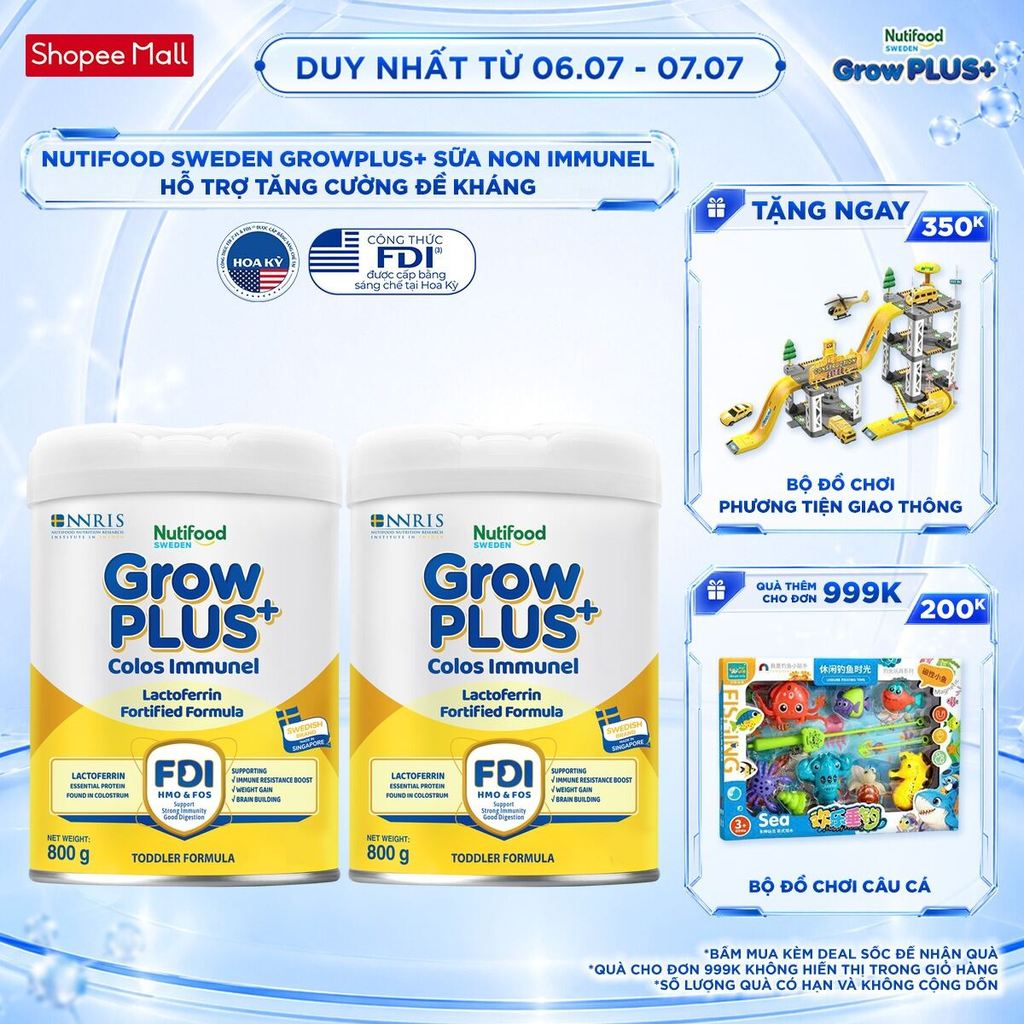 Combo 2 Sữa Bột Nutifood Sweden GrowPLUS+ Sữa Non Immunel lon 800 g (Bao bì tuỳ lô hàng)