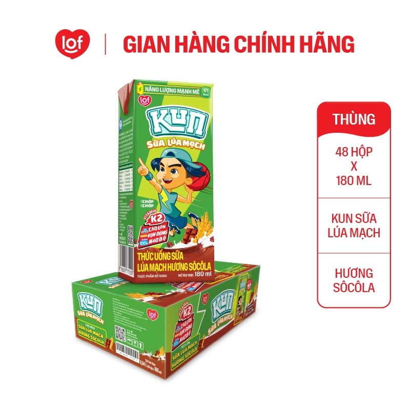 [Giá tốt trong Live] Sữa lúa mạch KUN vị socola thùng 48 hộp x 180ml