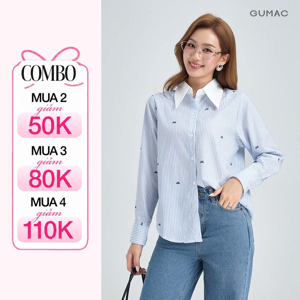 Áo Sơ Mi Nữ Tay Dài GUMAC Form Suông Kẻ Sọc Phối Xanh Trắng Lai Bầu Trẻ Trung AG01009